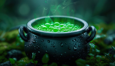 A bubbling cauldron of magic! This high-resolution image captures the eerie enchantment of a witch's cauldron, perfect for Halloween decorations, enchanting displays, and mystical celebrations The bubbling potion and spooky atmosphere will add a touch of magic to any October event AI Generativeの素材