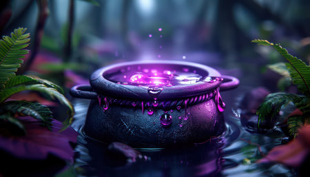 A bubbling cauldron of magic, perfect for Halloween!  This high-resolution image captures the eerie enchantment of a witch&#39;s brew, set against a dark forest backdrop  Spooky, mystical, and captivating, this image is a must-have for your Halloween decor AI Generativeの素材