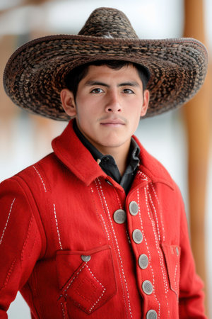 A vibrant and intricate Charro suit, a symbol of Mexican heritage Exquisite embroidery adorns the jacket and pants, showcasing traditional designs and craftsmanship Perfect for celebrating cultural events, dances, and festivities, this suit embodies the spirit of Mexico AI Generativeの素材