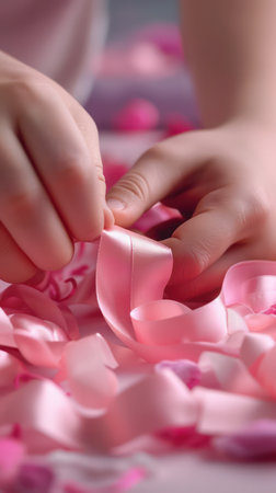 A group of children are engaged in vibrant, pink ribbon-themed crafts  Smiling faces and colorful creations fill the scene, promoting awareness for breast cancer awareness  These fun and engaging activities offer a hands-on way to teach children about important causes while fostering creativity and compassion AI Generativeの素材