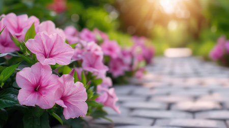 Embrace the gentle beauty of a pink-themed garden, bursting with blooms and symbolic decorations that inspire hope and tranquility Discover delightful ideas for your own outdoor sanctuary, filled with delicate pinks that evoke a sense of peace and serenity AI Generativeの素材