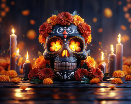 A vibrant Dia de los Muertos altar, adorned with marigolds and flickering candles, honors ancestors with reverence This traditional Mexican celebration evokes the spirit of the departed,  bringing together vibrant colors and ancestral tributes during the Day of the Dead festival AI Generativeの素材