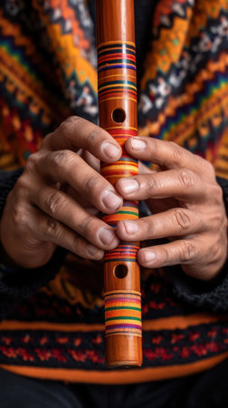 A talented Andean musician plays the traditional pan flute, its haunting melodies echoing centuries of cultural heritage Witness the captivating magic of this ancient instrument as it weaves a tapestry of sound, transporting you to the heart of Andean musical traditions AI Generativeの素材