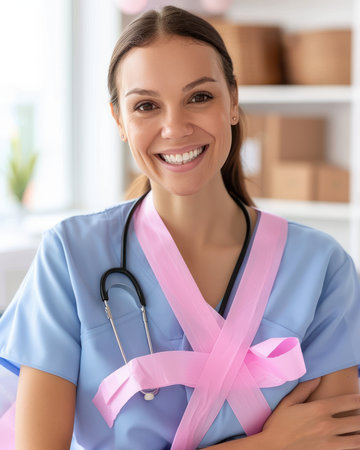 A healthcare professional leads a virtual breast cancer awareness webinar, educating viewers on early detection methods, symptoms, prevention strategies, and available treatment options This informative session aims to empower individuals with knowledge for proactive health management AI Generativeの素材