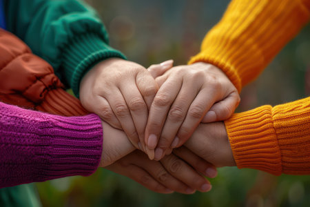 A powerful image of female unity and strength, showcasing a circle of women holding hands This photo embodies sisterhood, connection, and solidarity, making it ideal for promoting togetherness and female empowerment Perfect for campaigns, websites, and social media promoting female empowerment and support AI Generativeの素材