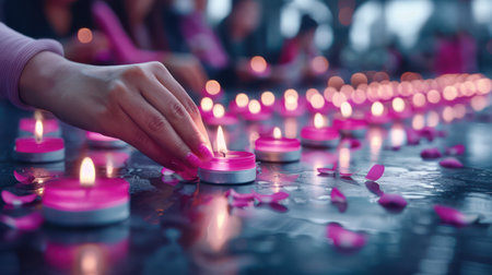 A powerful image of women lighting pink candles in a moving tribute to those lost to breast cancer This emotional memorial service embodies hope, remembrance, and solidarity as the community unites to honor courageous fighters and raise awareness for this devastating disease AI Generativeの素材