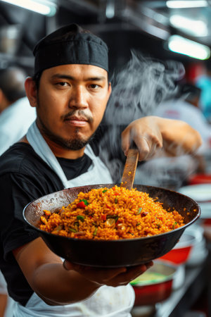 Immerse yourself in the vibrant world of Spanish paella cooking Stunning images capture the aromatic essence of this traditional communal meal, from the sizzling pan to the final, flavorful plate  Experience the heart of Spanish cuisine and find inspiration for your own culinary adventures AI Generativeの素材