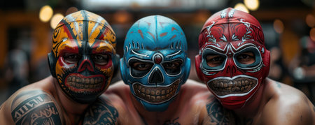 Traditional Mexican Luchador masks are vibrant and bold cultural icons These colorful masks, with intricate designs, celebrate the heritage and artistry of wrestling  They blend history and modern flair, showcasing the unique traditions of lucha libre AI Generativeの素材