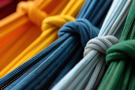 Experience the vibrant world of traditional Latin American hammocks! These handwoven masterpieces, bursting with color and culture, offer unparalleled relaxation and comfort  Perfect for your outdoor space, they are a unique cultural treasure that adds a touch of authenticity to your home Embrace the gentle swaying and immerse yourself in the rich heritage of these handcrafted gems AI Generativeの素材