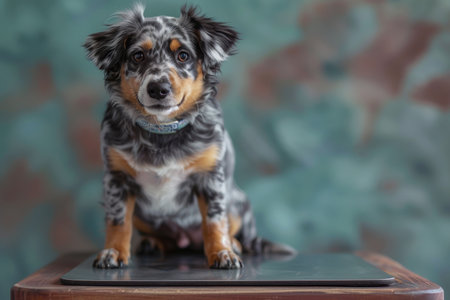 This captivating canine portrait captures the adorable charm of a multicolored dog Perched on a wooden table, its vibrant coat stands out against the complementary green and brown backdrop Its playful demeanor and piercing gaze exude both beauty and intrigue, making it an irresistible choice for pet lovers and animal enthusiasts AI Generativeの素材