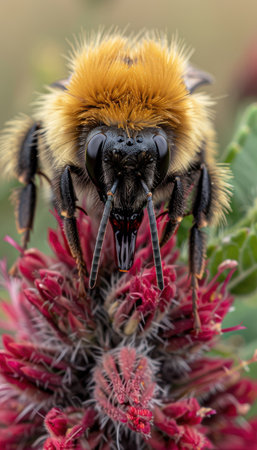 Immerse yourself in the intricate beauty of nature with this captivating close-up photograph A vibrant bumblebee delicately feasts on the nectar of a radiant red flower, its pollen-dusted body and mesmerizing wings rendered in breathtaking detail This image captures the harmonious dance between life and nature, showcasing the stunning diversity of the natural world AI Generativeの素材