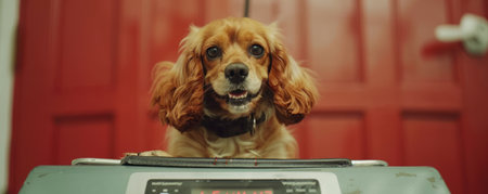 Behold the adorable Cocker Spaniel in its element, relishing a grooming session at a pet salon Its charming expression exudes delight as it sits on the grooming table against a vibrant red backdrop, flaunting its irresistibly soft and fluffy fur This captivating image epitomizes canine cuteness and the pampering experience at a professional salon AI Generativeの素材