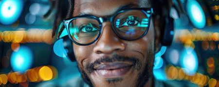 A man beams at his computer screen, clearly delighted with his Cyber Monday finds He&#39;s surrounded by online shopping deals and discounts on electronics, fashion, gadgets, and more  This image captures the joy and excitement of scoring amazing deals during the biggest online shopping day of the year AI Generativeの素材