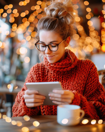 A close-up shot of a person&#39;s hands using a tablet to compare product reviews and prices The image highlights the digital age of smart shopping, showcasing how online resources empower consumers to make informed purchase decisions and find the best deals AI Generativeの素材