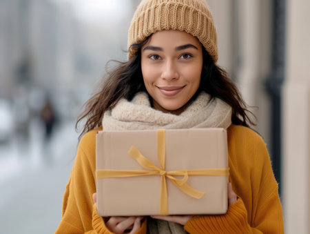 A woman beams with delight as she receives a package delivery, overflowing with Cyber Monday purchases Her face radiates joy as she unboxes her exciting gifts, a testament to the thrill of online shopping and the happiness of scoring amazing deals AI Generativeの素材
