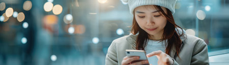 A woman smiles confidently as she makes a purchase on her smartphone This image embodies the convenience and ease of mobile shopping, showcasing effortless e-commerce and seamless online transactions It represents the savvy shopper embracing digital retail trends, enjoying the power of mobile commerce AI Generativeの素材