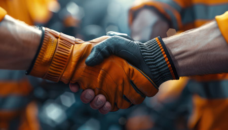A vibrant image capturing the essence of a successful workplace Workers shake hands, celebrating achievements, embodying mutual respect and teamwork This photo showcases employee success, highlighting the power of collaboration and shared victories AI Generativeの素材