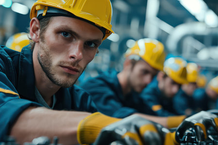 A team of dedicated laborers work tirelessly in a modern factory, operating heavy machinery with precision Their focused efforts ensure smooth machine operations, driving efficient production in the manufacturing facility  This photo captures the dedication and skill required in industrial work AI Generativeの素材