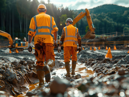 A team of construction workers huddle on site, engaged in a lively discussion Their focus: collaborating on a complex project, meticulously planning each step, and ensuring smooth coordination  Their teamwork, strategic thinking, and innovative engineering solutions are evident in their focused expressions AI Generativeの素材