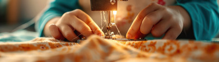 A skilled seamstress meticulously operates a sewing machine, showcasing exceptional craftsmanship in textile artistry  Focused on intricate detail, she demonstrates precision and professional sewing techniques for creating high-quality garments The image captures the dedication and expertise essential for garment construction AI Generativeの素材
