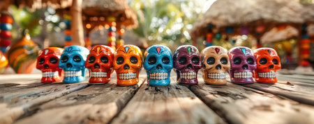 Vibrant and intricately designed ceramic skulls celebrate the Day of the Dead tradition Hand-painted in bold colors and patterns, these unique crafts embody Mexican art and culture Perfect for home decor, festive celebrations, or thoughtful gifts, these skulls add a touch of artistry and tradition to any space AI Generativeの素材
