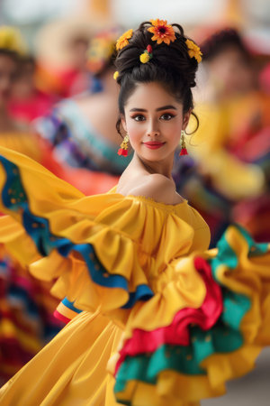 A vibrant and colorful woman dances in traditional Mexican attire, her movements capturing the joyous spirit of Mexican heritage and folklore The performance celebrates cultural traditions through expressive dance and vivid costume This captivating image embodies the passion and beauty of Mexican culture AI Generativeの素材