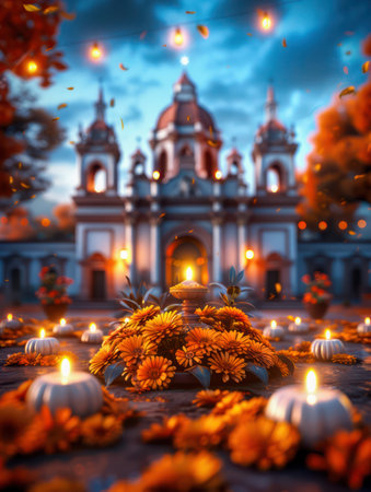 A vibrant Dia de los Muertos altar fills a public square, adorned with colorful flowers, flickering candles, and offerings The community gathers to honor their ancestors, celebrating life and death with joy and reverence The festive atmosphere is captured in this heartwarming scene, showcasing the beauty and tradition of this Mexican holiday AI Generativeの素材