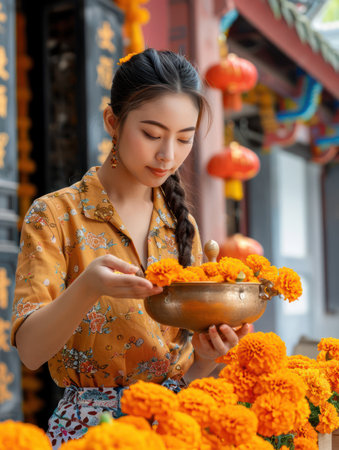 A woman meticulously arranges vibrant marigolds on an altar, their fragrance filling the air This poignant image captures the essence of tradition, culture, and spirituality as she honors her ancestors The rich colors and meticulous details evoke a sense of respect and connection to the past AI Generativeの素材