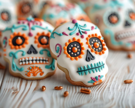 Celebrate Dia de Muertos with vibrant, intricately decorated sugar skull cookies These colorful and festive treats feature traditional Mexican designs, making them perfect for parties or as thoughtful gifts  Each cookie is a miniature work of art, showcasing the beauty and tradition of the Day of the Dead AI Generativeの素材