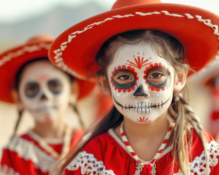 A vibrant Day of the Dead parade bursts with life as children, adorned in colorful traditional attire and festive face paint, celebrate Mexican culture The procession, a joyous spectacle of costumes and vibrant decorations, captures the essence of the festival, showcasing the rich cultural heritage These 2023 Cultural Festival photos offer a glimpse into the joyous spirit of the celebration AI Generativeの素材