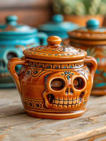 Celebrate Dia de Muertos with handcrafted pottery! Each piece is a vibrant tapestry of color and intricate detail, capturing the spirit of the holiday From skull motifs to floral designs, these unique creations are perfect for celebrations or collectors seeking authentic artistry AI Generativeの素材