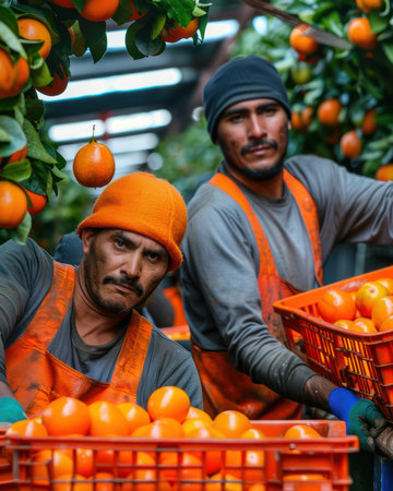 Hardworking laborers carefully pick ripe citrus fruits in a sun-drenched orchard This image captures the essence of agricultural labor, ensuring the freshest produce reaches your table  The vibrant colors and meticulous care highlight the dedication of farmworkers in bringing high-quality citrus to life AI Generativeの素材