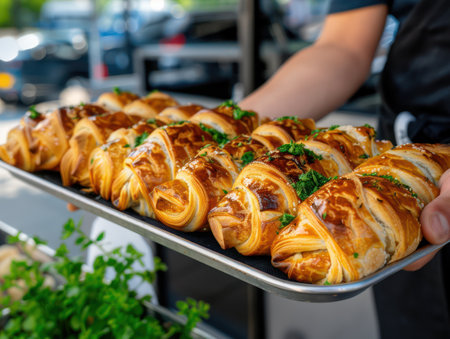 A street vendor expertly crafts delicious empanadas, a culinary delight enjoyed worldwide The aroma of savory fillings fills the air, inviting passersby to experience this traditional street food This photo captures the vibrant energy and cultural richness of street cuisine, promising a mouthwatering adventure for food lovers AI Generativeの素材