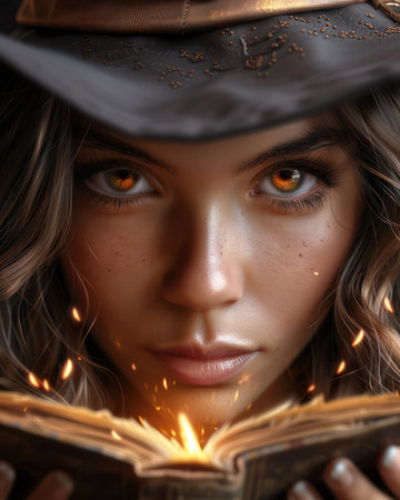 A mysterious witch, shrouded in shadows, reads from an ancient spellbook amidst the enchanting, spooky forest  The air crackles with magical energy, hinting at potent curses and eerie incantations  Perfect for Halloween-themed projects, this image evokes a mystical, otherworldly atmosphere AI Generativeの素材