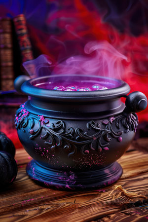 A high-resolution image of a witch&#39;s cauldron, brimming with bubbling potion Perfect for Halloween decorations, enchanting parties, and creating a mystical atmosphere The cauldron features realistic details and an eerie glow, making it a captivating centerpiece for any spooky setting AI Generativeの素材