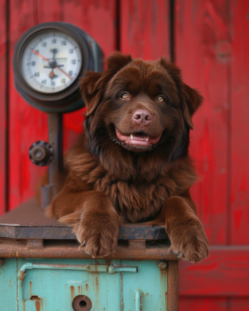 A charming brown puppy poses on a vintage industrial machine, its playful nature radiating against the rustic red wooden wall Its fluffy fur shimmers in the sunlight, conveying an infectious joy and adoration The pup&#39;s whimsical expression adds a touch of warmth, capturing the essence of a happy and contented pet AI Generativeの素材