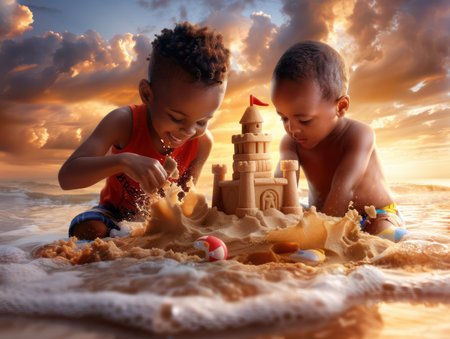 A joyous group of friends collaborate on a whimsical sandcastle, their laughter echoing against the backdrop of a sun-drenched beach The scene captures the spirit of playful camaraderie and the shared joy of creative expression as they transform sand into a masterpiece AI Generativeの素材