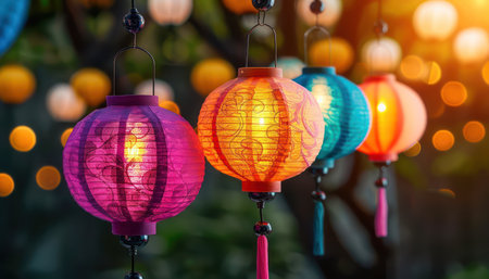 Carnival lights paint a vibrant night market scene, illuminating colorful lanterns and joyful celebrations Festive atmosphere pulses with energy, creating captivating evening experiences Immerse yourself in the spectacle of vibrant nightlife and joyous revelry AI Generativeの素材