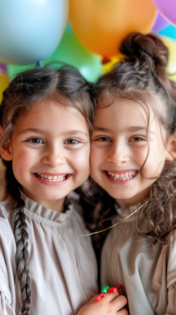 Capture the pure joy of childhood with these vibrant images of children at a carnival  Their faces beam with delight as they hold colorful balloons, surrounded by the excitement of festive lights and joyful crowds  These high-quality photographs perfectly encapsulate the spirit of childhood wonder and celebration AI Generativeの素材