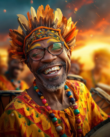Feel the pulse of Carnival with this vibrant photo! A traditional drumming group ignites the streets with explosive rhythms and joyful energy  Their captivating beats and vibrant attire create a mesmerizing spectacle, perfect for capturing the spirit of this festive celebration AI Generativeの素材