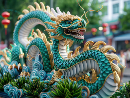 A magnificent parade float, towering high, bursts with vibrant life Mythical creatures, from majestic dragons to graceful griffins and shimmering unicorns, captivate the crowd with their enchanting presence  This high fantasy spectacle transports viewers into a world of wonder and magic at the Carnival AI Generativeの素材