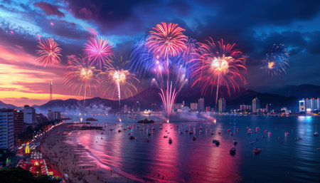 A spectacular carnival fireworks display explodes in a symphony of color against a mesmerizing cityscape Vivid bursts illuminate the night sky, reflecting in the bustling city below The scene captures the vibrant energy and festive spirit of the carnival celebration AI Generativeの素材