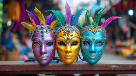 A bustling market bursts with color as street vendors hawk vibrant carnival masks  Unique designs and intricate details reflect the festive spirit of [Carnival]  From whimsical to traditional, each mask tells a story of cultural heritage and anticipation for the grand celebration AI Generativeの素材