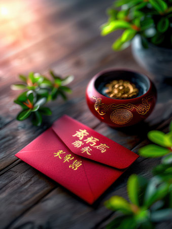 A vibrant red envelope, a symbol of prosperity and good fortune in Chinese New Year tradition, is showcased in a close-up  Golden lettering, traditionally used for auspicious wishes, adorns the envelope, adding a touch of elegance and grandeur  The image captures the essence of this cherished custom, representing blessings and prosperity for the coming year AI Generativeの素材