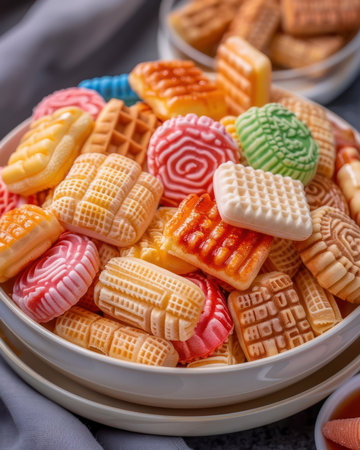 A vibrant close-up of traditional Chinese New Year snacks Colorful pastries, festive treats, and sweet delicacies adorn the table, ready to be enjoyed during Lunar New Year celebrations From sticky rice cakes to sesame balls, these treats symbolize good fortune and prosperity AI Generativeの素材