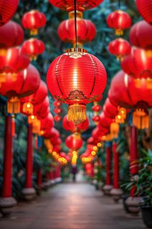 A vibrant tapestry of red lanterns illuminates a park, transforming it into a dazzling spectacle for Chinese New Year Traditional decorations and festive crowds create a captivating backdrop for cultural celebration and nighttime photography Immerse yourself in the magic of this illuminated wonderland AI Generativeの素材