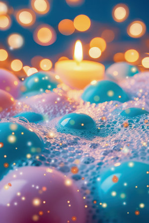 Indulge in a moment of serene bliss with this captivating image Delicate candlelight bubbles dance within colorful foam, creating a mesmerizing spectacle The sparkling bokeh background adds a touch of magic, while the warm glow evokes relaxation and aromatherapy This photo perfectly captures the tranquility and beauty of bath time AI Generativeの素材