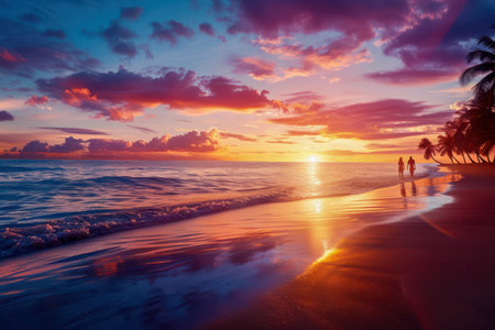 A couple strolls hand-in-hand along a sun-kissed beach, bathed in the golden glow of a breathtaking sunset Their love story unfolds amidst the gentle rhythm of the waves, creating a picture of romantic bliss Capture the essence of Valentine&#39;s Day with this heartwarming image of love and serenity by the sea AI Generativeの素材