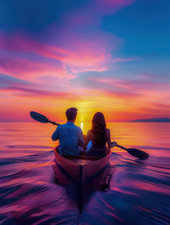 Capture the magic of love as a couple embarks on a romantic sunset boat ride  Golden hues paint the sky, creating a breathtaking backdrop for their intimate moment  The gentle rocking of the water, the soft breeze, and the shared laughter create a picture of pure bliss and connection  This is the perfect Valentine&#39;s Day adventure, a memory to cherish forever AI Generativeの素材