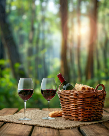 A romantic Valentine's Day picnic for two, set against a scenic backdrop A wicker basket overflows with delectable treats and a bottle of wine, perfect for sharing a special moment with your loved one The setting is intimate and inviting, ideal for a leisurely afternoon of romance and deliciousness AI Generativeの素材